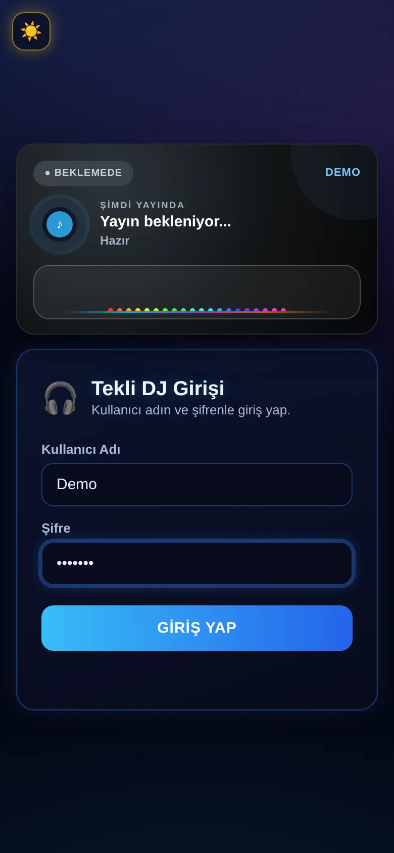 Tekli DJ / demo giriş ekranı